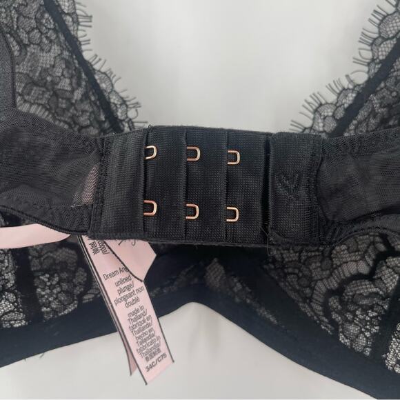 VICTORIA’S SECRET Bra Size 34C Black Lace Dream Angels Plunge Semi Lined Sexy - Picture 10 of 16